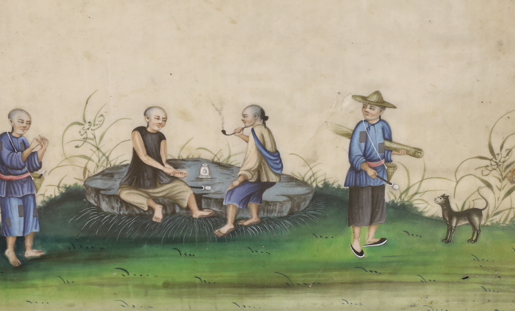 19th century Chinese school, set of 12 pith paper paintings, figures smoking opium pipes, each 32 x 20cm